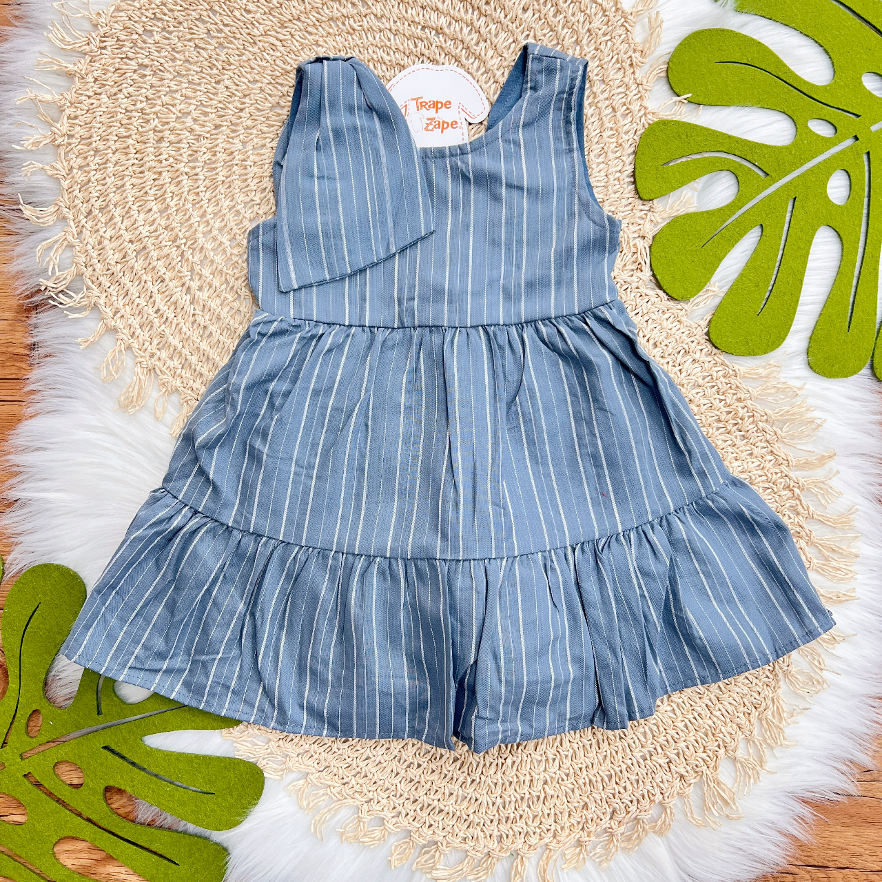 Vestido em Linho Listrado com Laço no Ombro - Azul Jeans